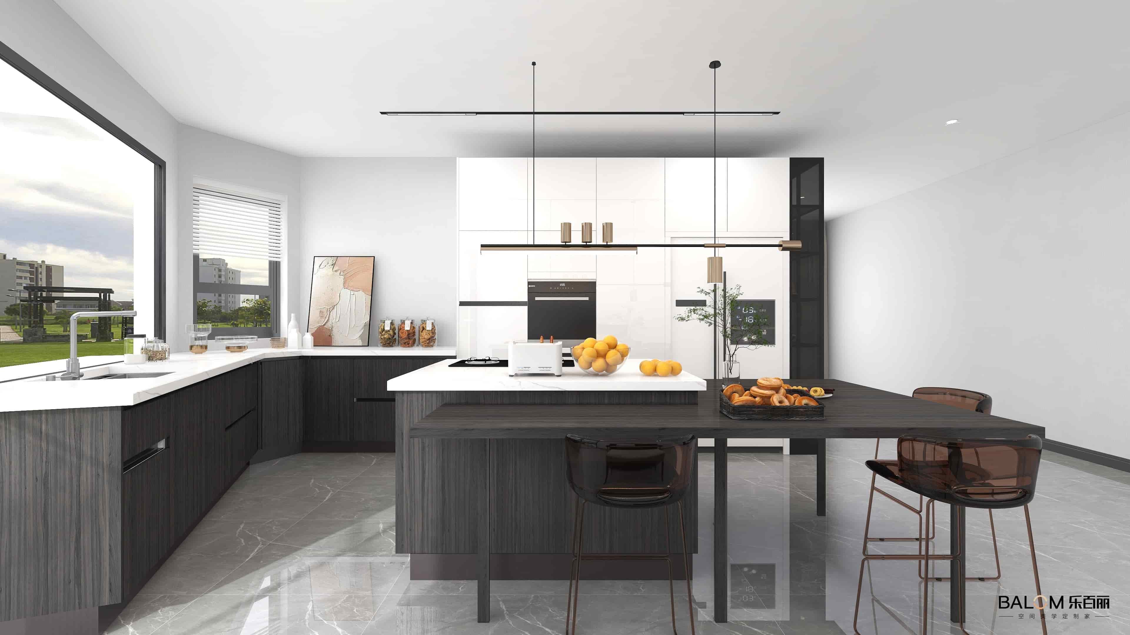 Design de armário de cozinha personalizado com ilha central
